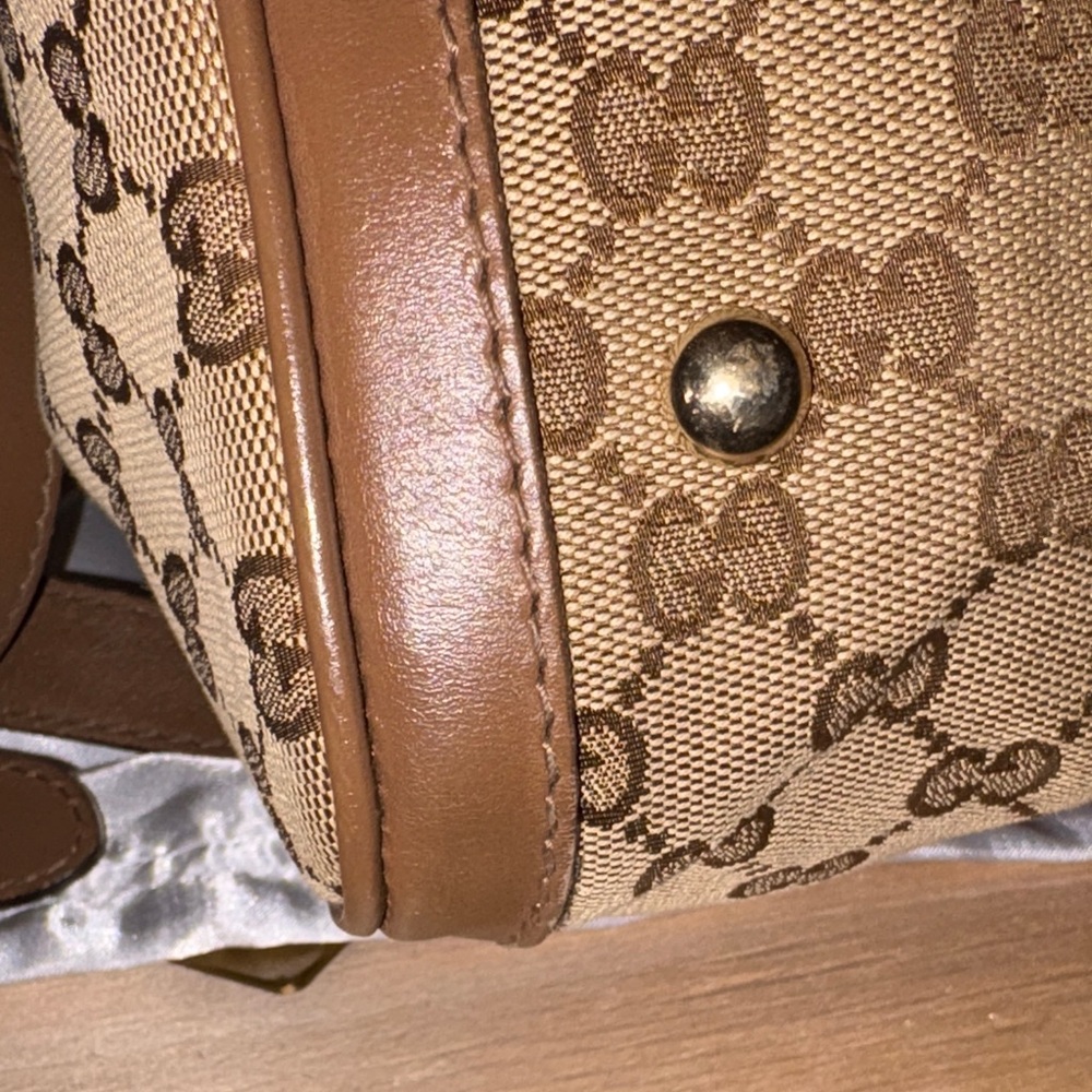 Gucci Beige GG Canvas Top-Handle Bag with Pink & Brown Stripe - Picture 14 of 17